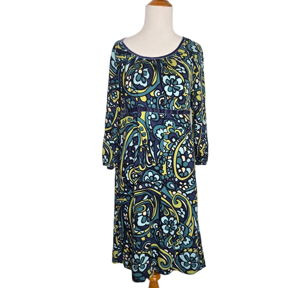 Boden Retro Paisley Fall Dress Womens 6L Hippie Work Velvet Trim Floral Blue